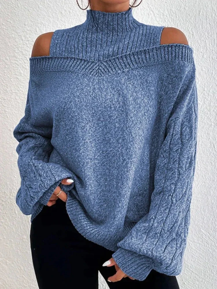 Winter Fashion Womens High Neck Knitted Pullover Loose Elastic Wool Top Off Shoulder Elegant Street Style Sweater