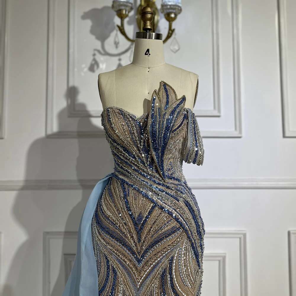Serene Hill 2024 Arabic Blue One Shoulder Dubai Evening Gown with Side Overskirt Beaded Dress for Women's Party LA72662