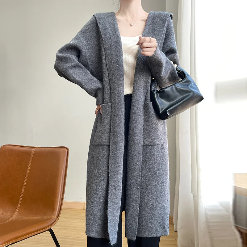 Autumn and Winter Womens Coat AllMatching Graceful Fashion Hooded Collar Loose Overcoat Simple Long Sweater 241021