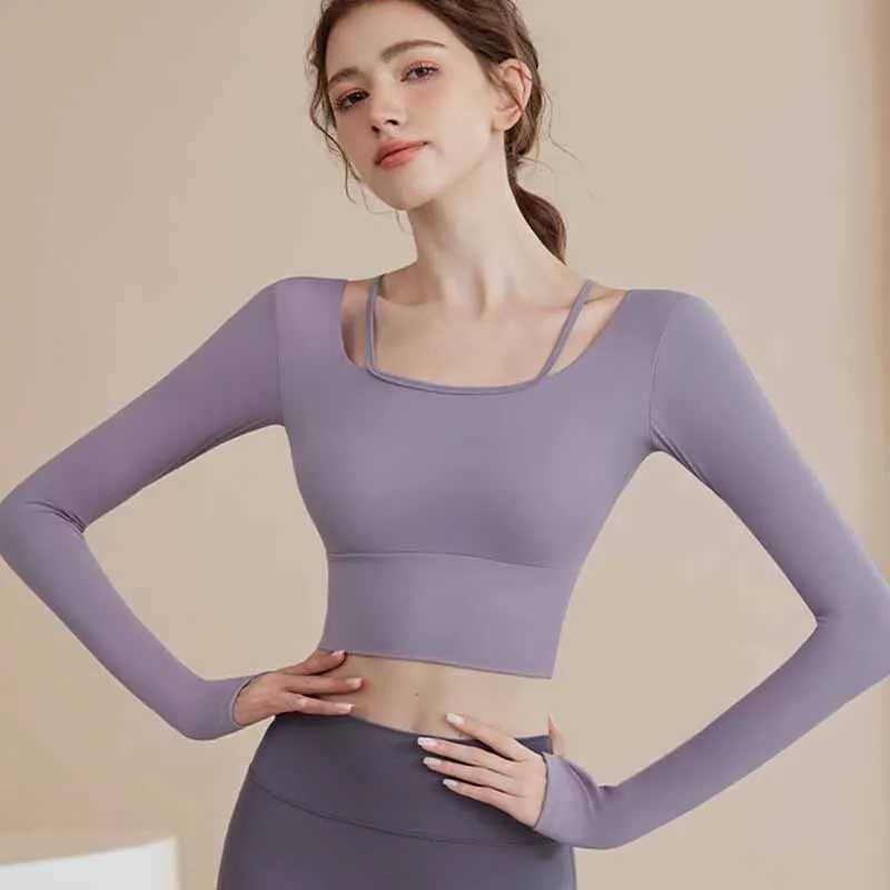 Womens sexy back sweatshirt cut top sports yoga long sleeved Pilates sweatshirt training gym topXJ250410