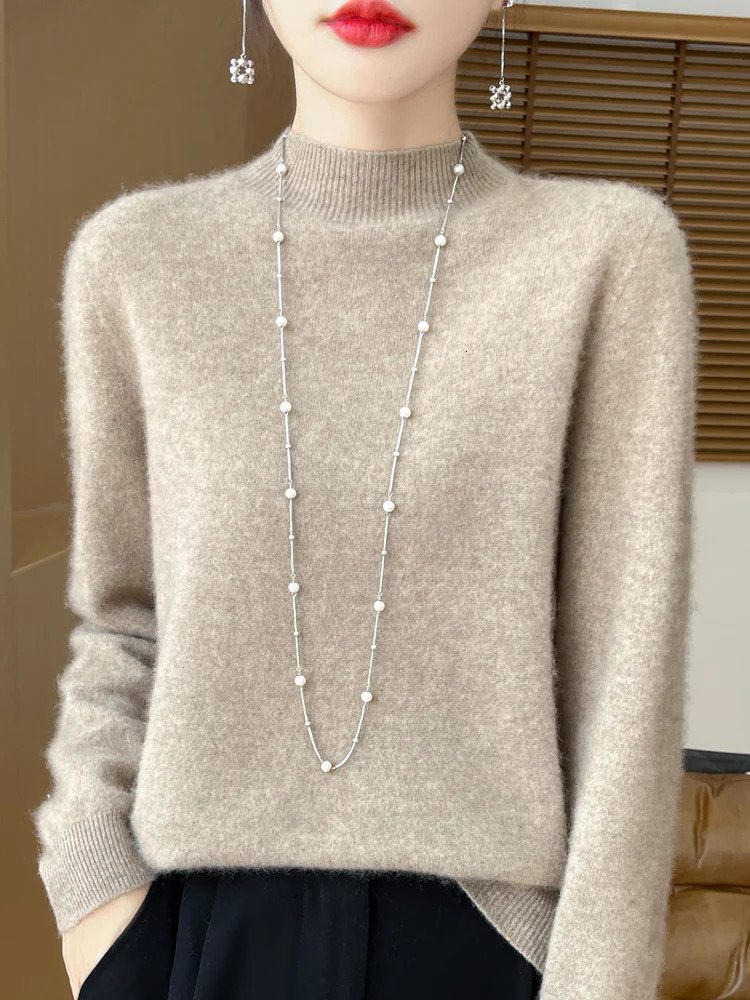 Fashion 100% Merino Wool Sweater Womens MockNeck Knitwear Cashmere Pullovers Autumn Winter Long Sleeve Jumpers Clothing Tops 241021