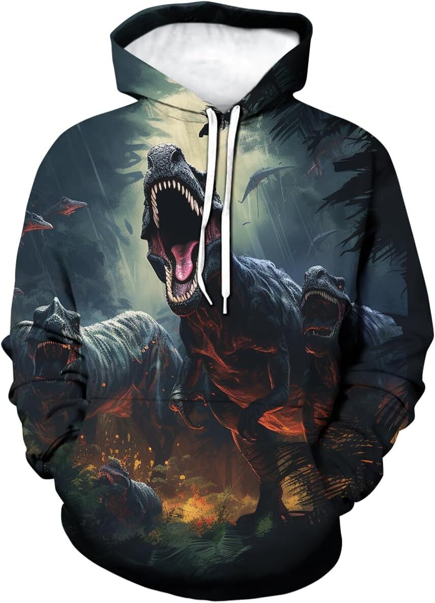 Hoodie for Mens Womens Men Psychedelic Dinosaur Graphic Hoodie Hoodies Colorful Animal King Pockets Long Sleeve Pullover, Black Graphic Hip hop Warmth