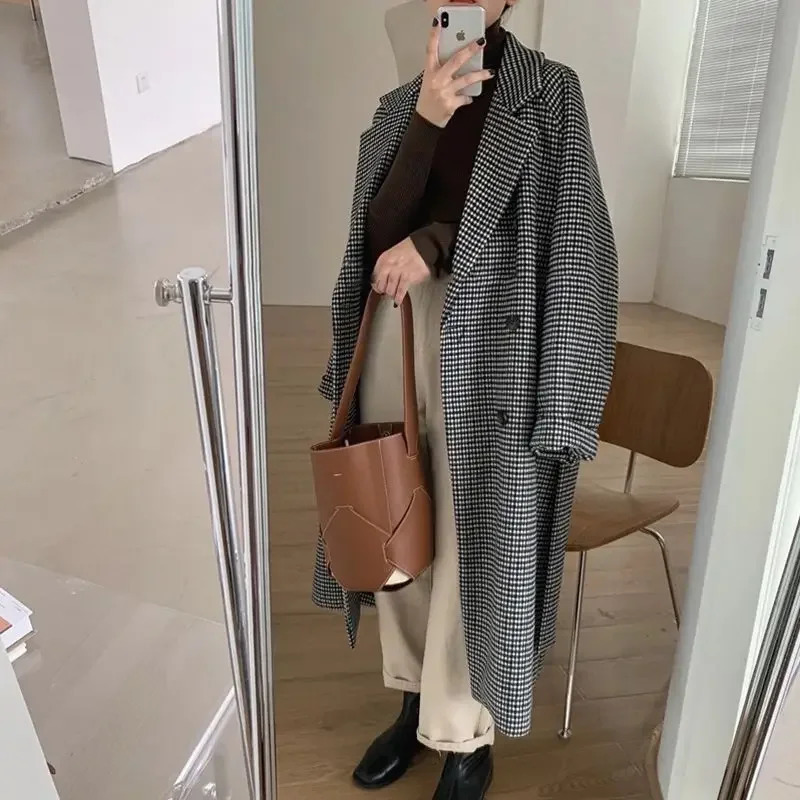 Womens outerwear plain weave tweed wool warm long jacket womens coat Korean fashion coat trench coat autumn/winter 241023