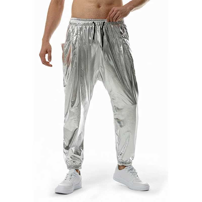 Mens Metal Shiny Jogging Pants Night Club Disco Party Elastic Pants Gold SilverX241023