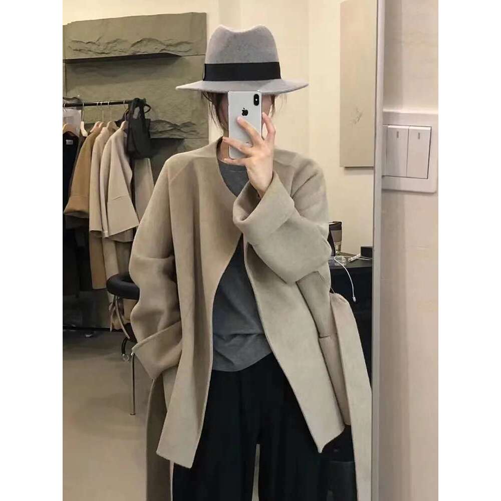 Rose Korean Double-Sided Cashmere Winter New Short Warm Fashion Lace-Up Casual Round Neck Wool Coat Women