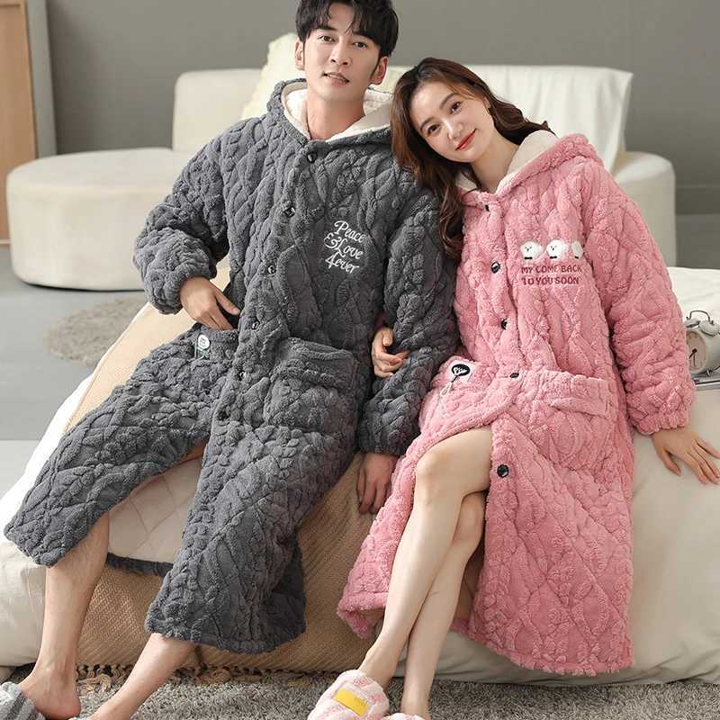 Thick 3-layer warm winter bathroom couple soft flannel bedding long kimono bathrobe womens dress mens coral Fce robe W241023
