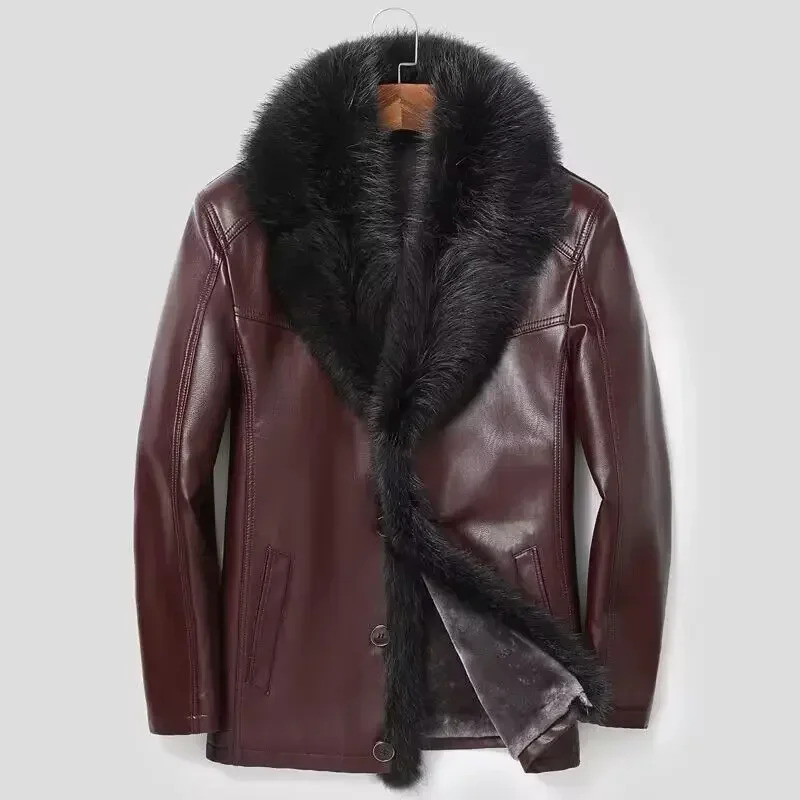 Haining Fur One Person Wool Thick Leather Coat Sheepskin Raccoon Large Fur Collar Medium Long Mens Wear 241023