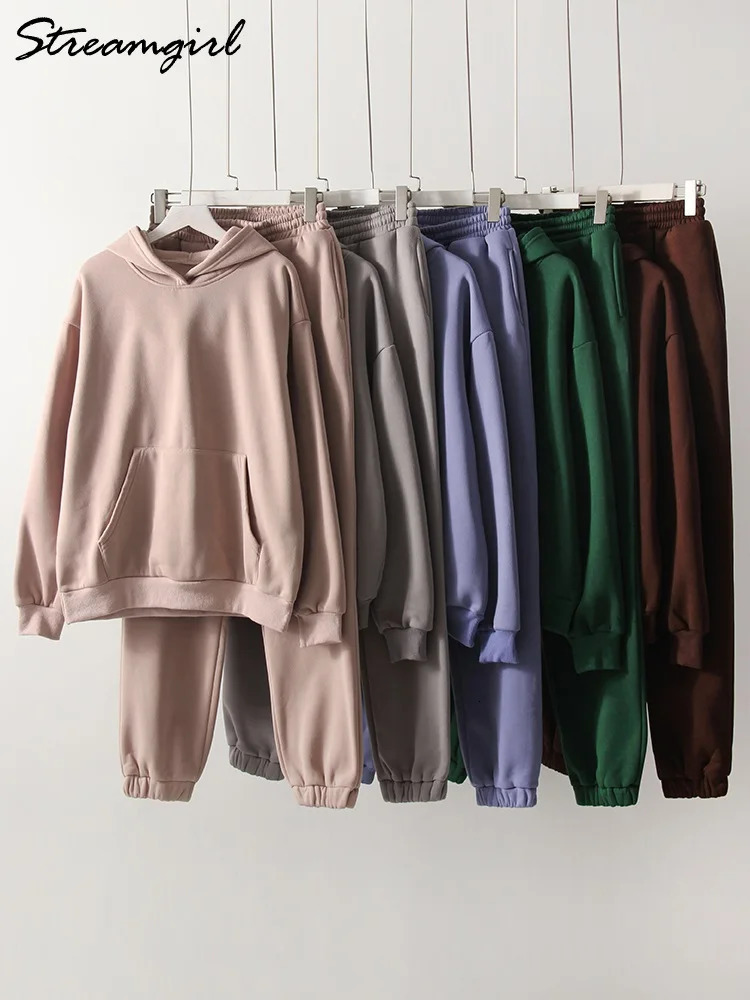 Winter sportswear set womens wool hooded two-piece set casual loose winter warm womens two-piece set 241023