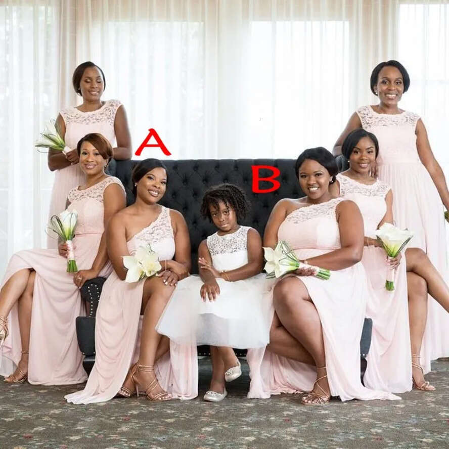Long Cheap Summer Pink Bridesmaid Sleeveless Lace Chiffon A-E Maid Of The Honor Dresses With Split