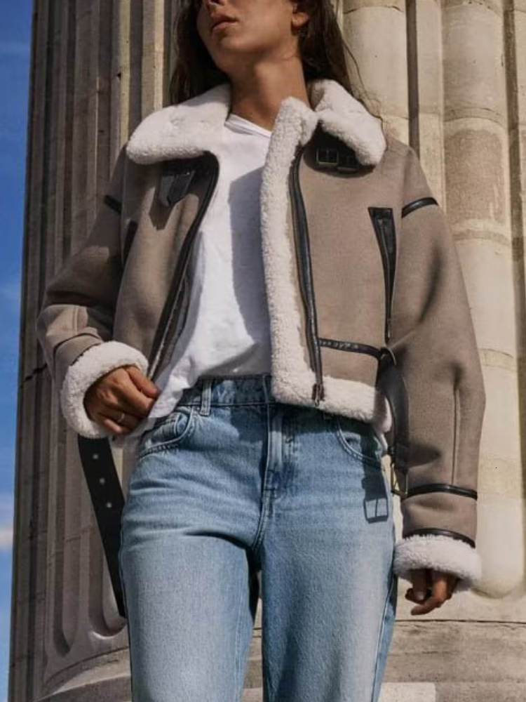 ZBZA Women's Fur Short Coat Fall Winter Metal Buckles Lapel Long Sleeves Faux Shearg Ing Jacket Warm Outerwear