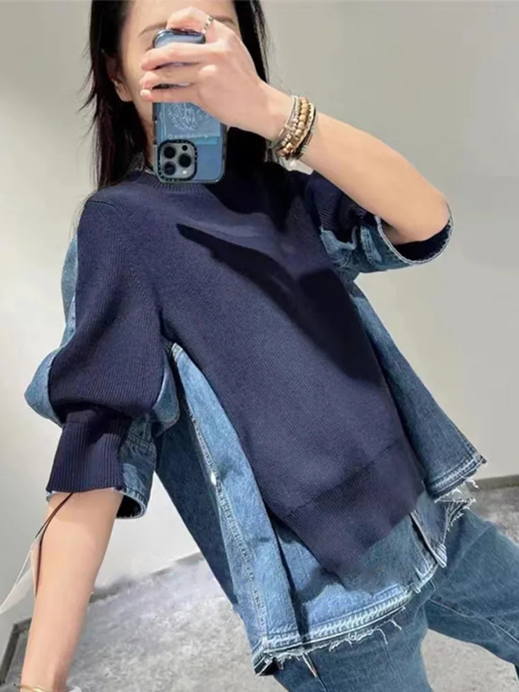 Spring Pullover Allmatch Sweater Top Denim Splicing Shortsleeved for Women Y4346 241021