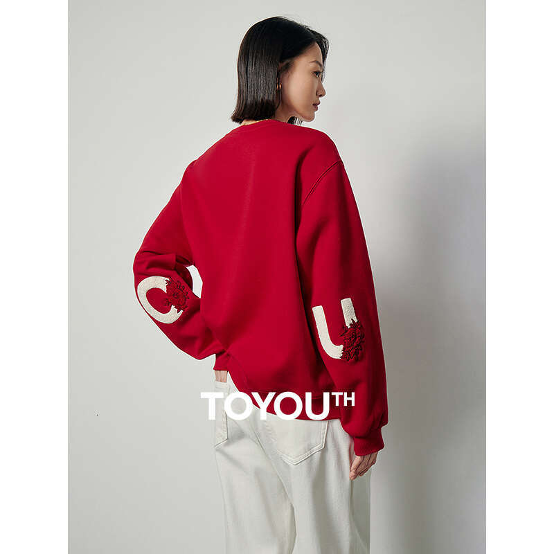 High end Women Toyouth Fleece Sweatshirt Autumn Long Sleeve O Neck Loose Hoodies Exquisite Embroidery Casual Chic Red Clothes Tops