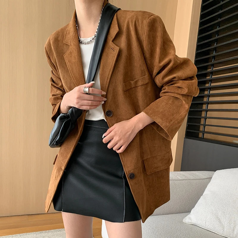 Autumn Womens Jacket Flip Collar Long Sleeve Suede Top Womens Jacket Single Button Top 241023