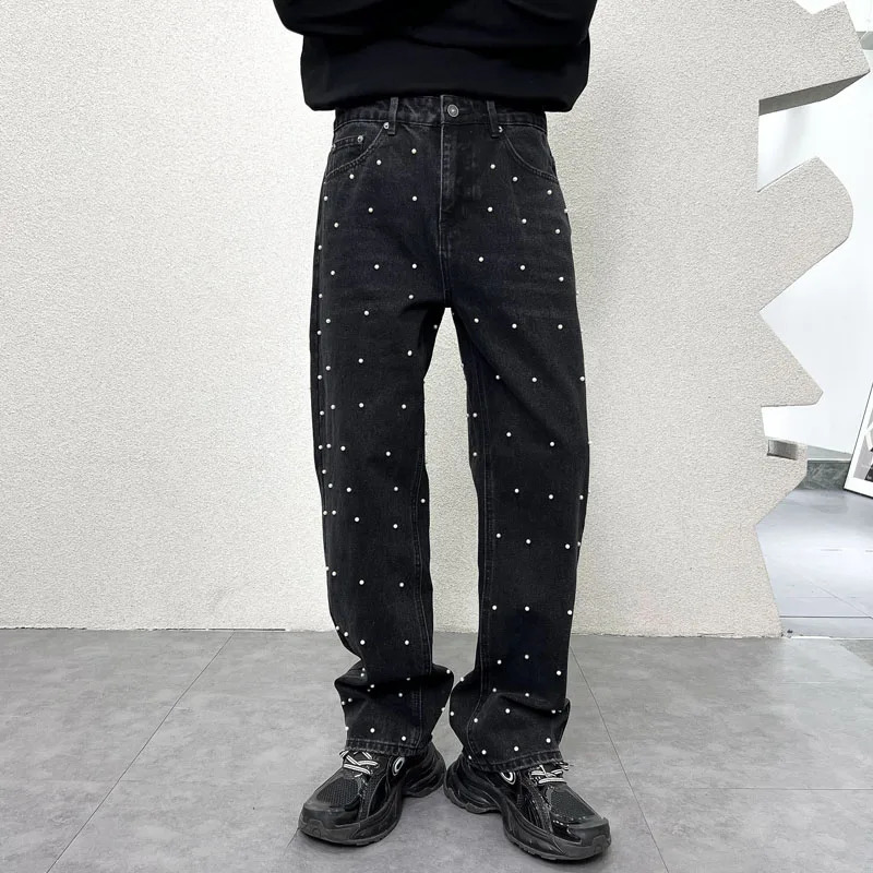Mens bead streetwear fashionable hip-hop atmosphere loose and casual wide leg straight denim jeans pocket pants mens friend jeans Trousers 241022