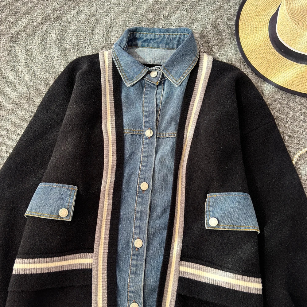 Denim Knitted Splicing Coat Warm Short and Fat Open Knitted Sweater Top Womens Spring and Autumn Knitted Clothing 241022