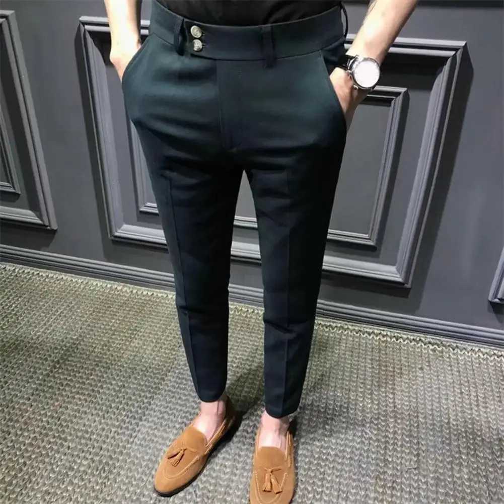 Men Blazer Pants Anti-wrinkle Mid Waist Men Ninth Pants Young Style Men Casual Ninth Suit Pants Pockets Business Long TrousersX241023
