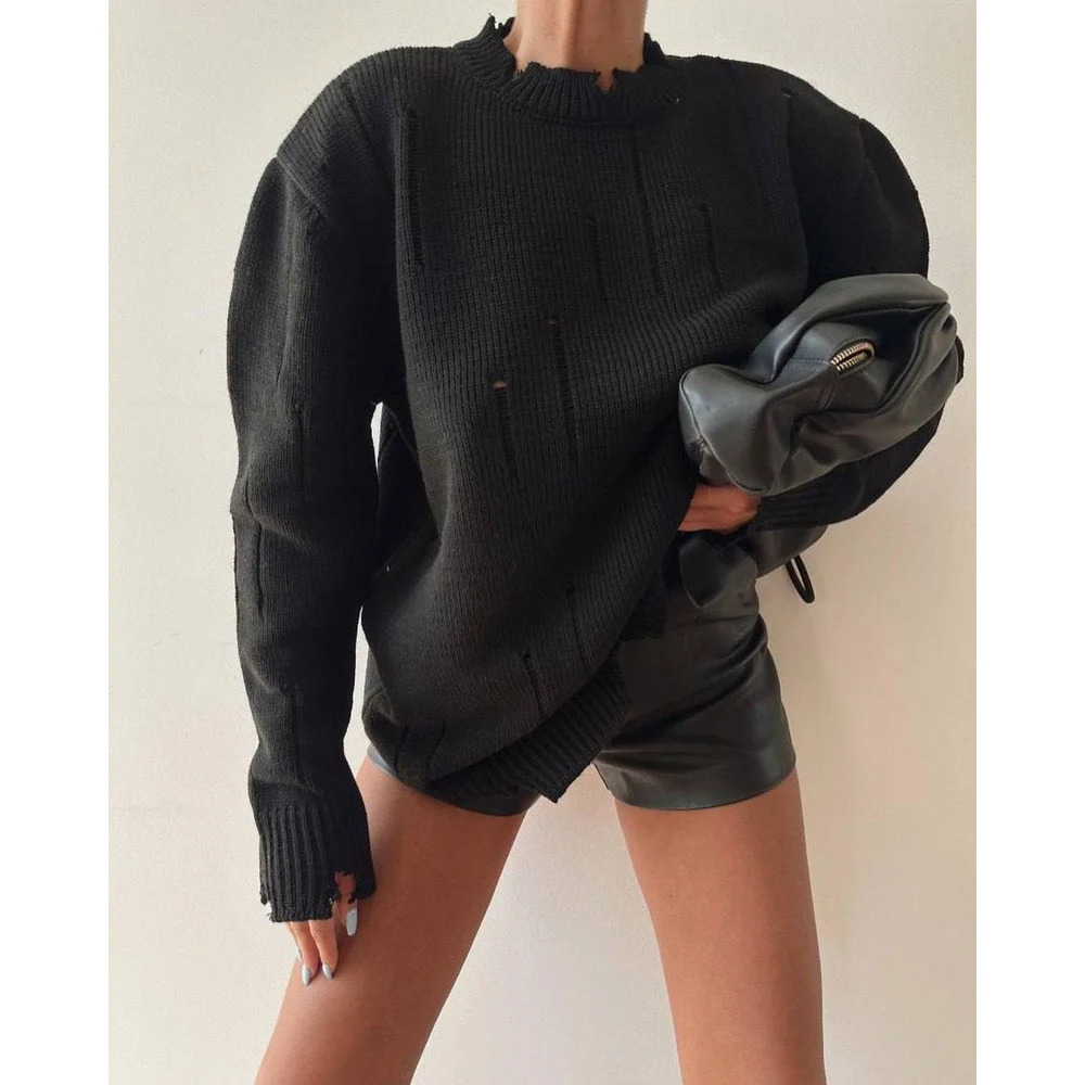 selling womens top torn sweater Y2K floral casual long sleeved knitted O-neck jumper retro floral couple clothing 241022