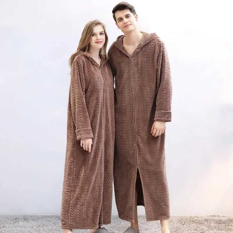 New couple shower clothes winter Spwear warm bath clothes mens flannel bathrobe hooded long skirt pajamas mens zipper dress W241023
