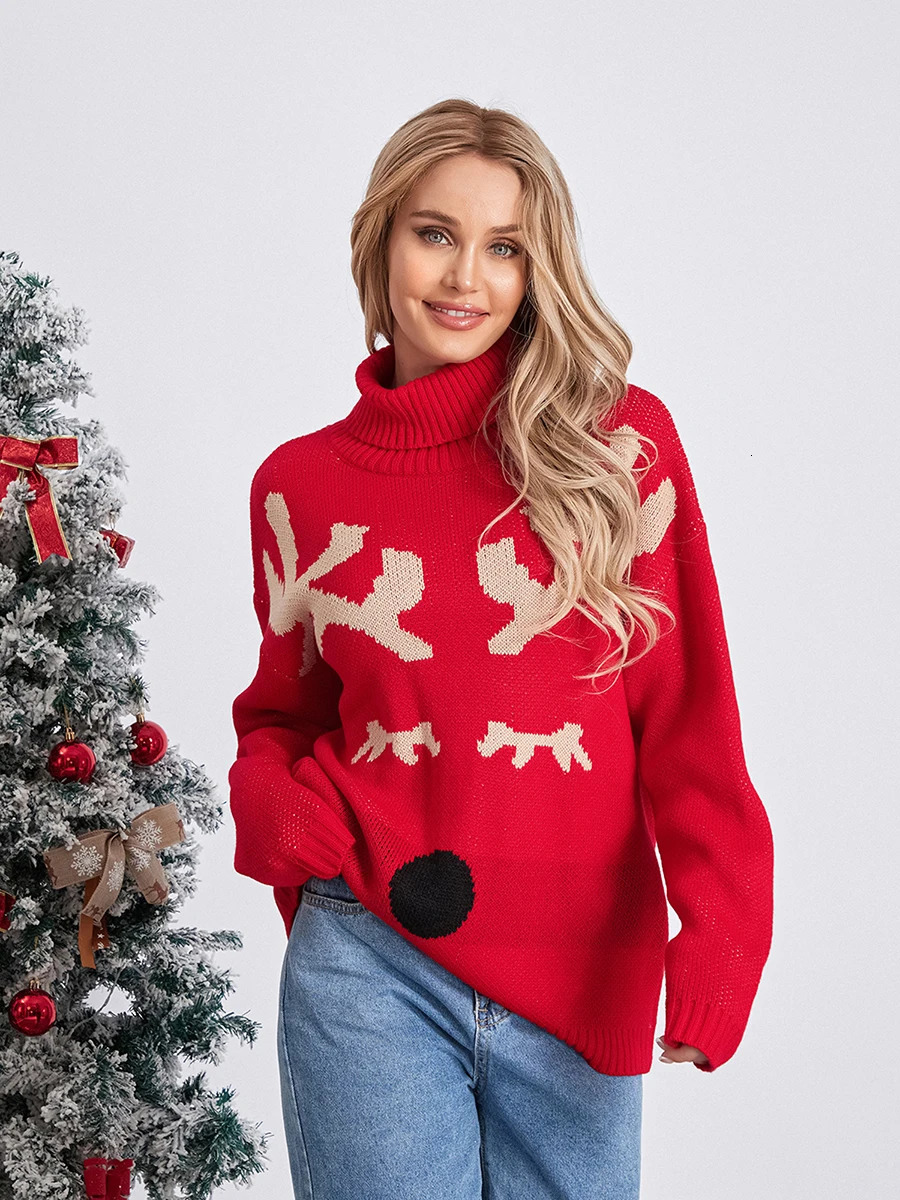 Women s Christmas Sweaters Long Sleeve Turtleneck Elk Print Pullovers Casual Knit Tops 241021