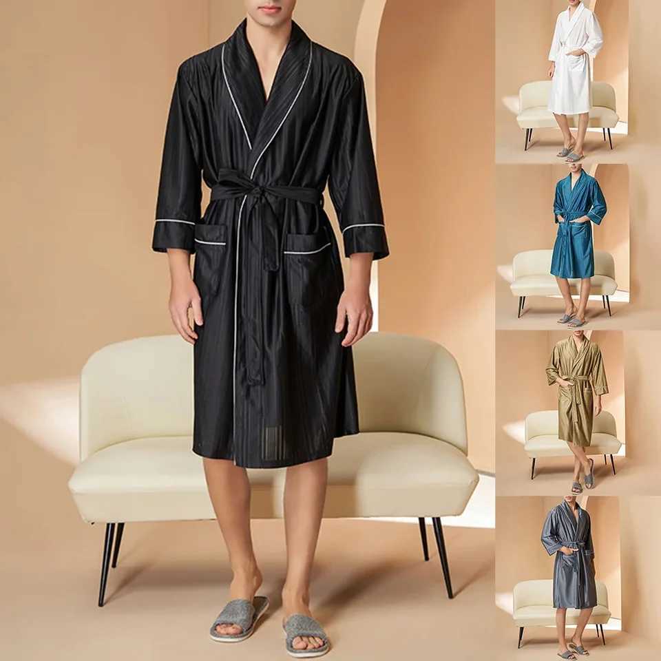 Mens sleepwear mens comparison Japanese kimono long Sve loose sleepwear satin soft V-neck pocket comfortable W241023