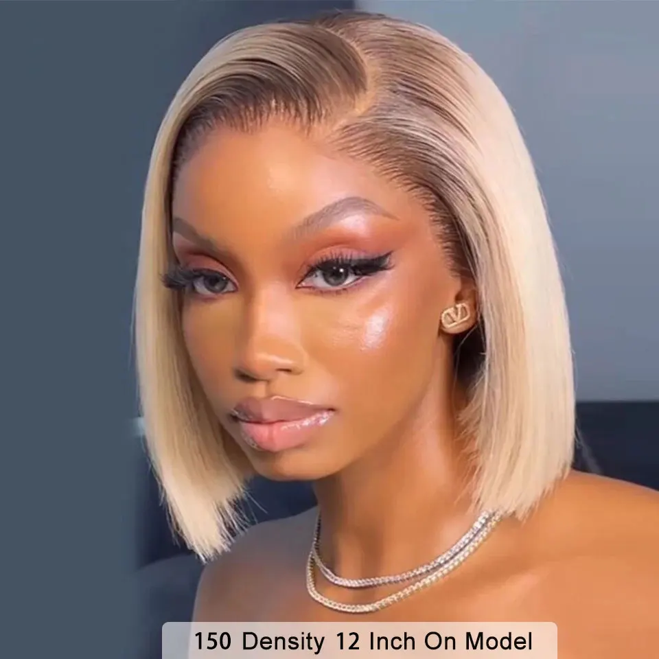 6T613 Balayage Short Bob Wigs Ombre Blonde Lace Front Human Hair Wigs Straight 180 Density 13x4 Lace Frontal Wig for Woman Gym