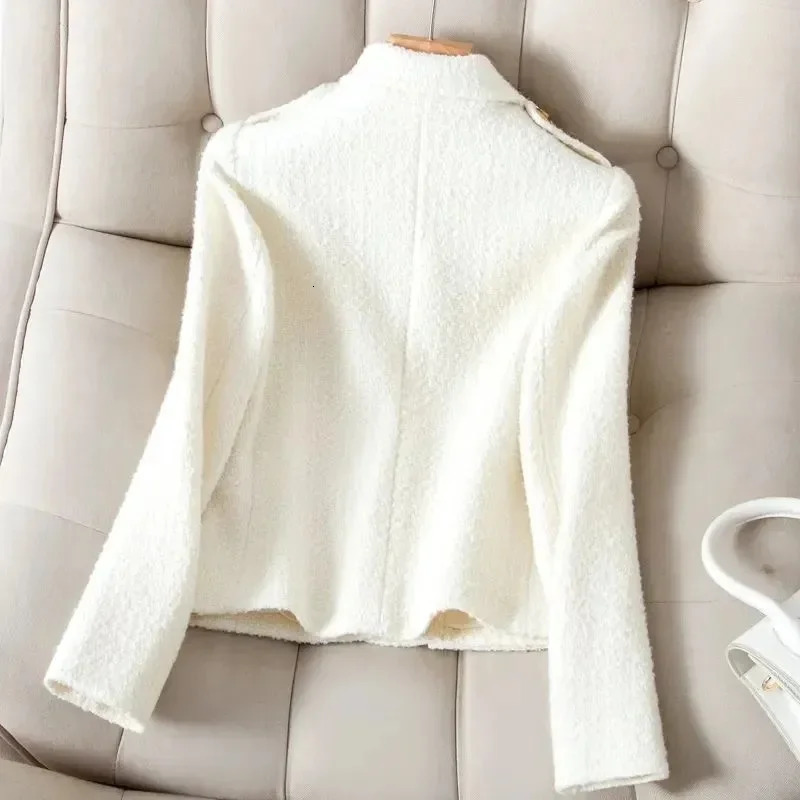 Fashion white suit collar small perfume jacket high quality tweed coat black wool coat ultra-thin slim elegant womens top 241023