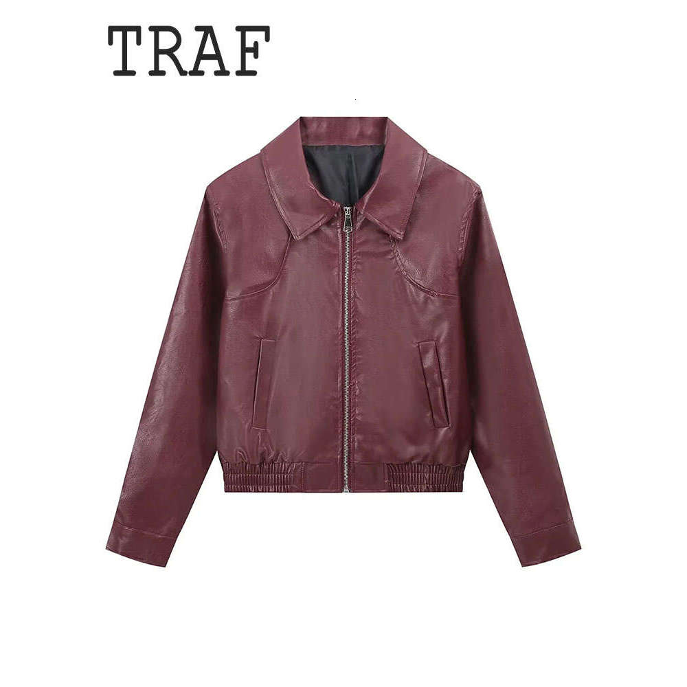 TRAF Casual Leather Solid Color Elastic Hem Short Women Jacket Top Temperament Street Style Women's Clothing