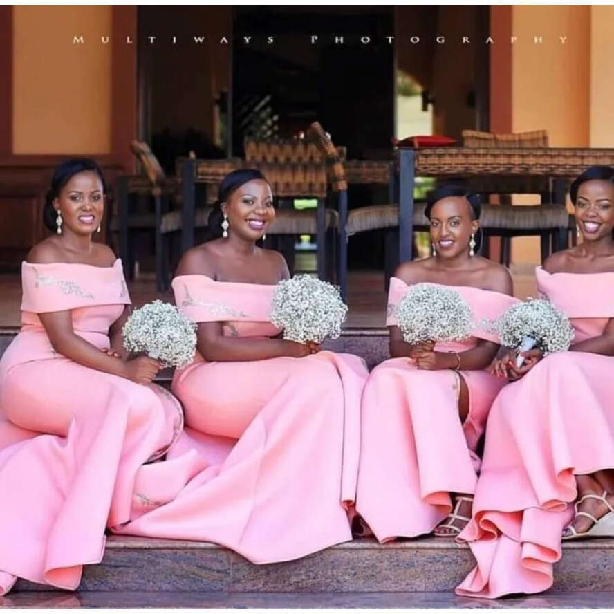 African Arabic Pink Nigerian Mermaid Bridesmaid Off Shoulder Or Length Maid Of Honor Gowns Split Evening Dresses Plus Size