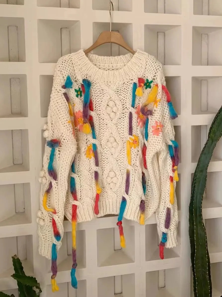 Handknit Coarse Wool Blend Knitted Sweater Colorful Tassel Pullover Tops Autumn Winter Sexy Streetwear Y2K Knitwear C230