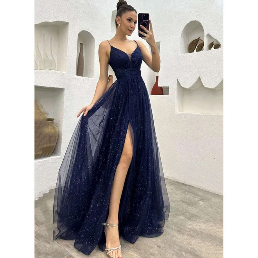 Navy Blue Sequined Reflective Evening Dresses Sexy Backless A E Spaghetti Straps Split Women Ocn Party Prom Gowns Plus Size Bc18588