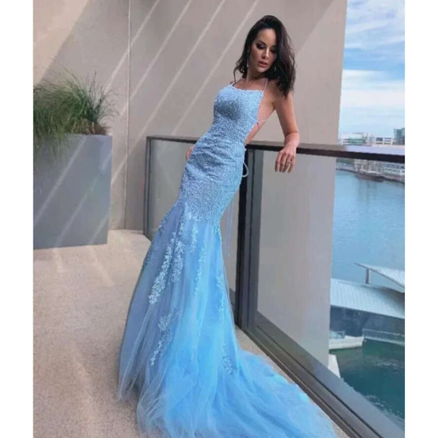 Tulle Lace Backless Sexy Appliques Mermaid Prom Dresses Long Halter Spaghetti Straps Women Ocn Evening Gowns