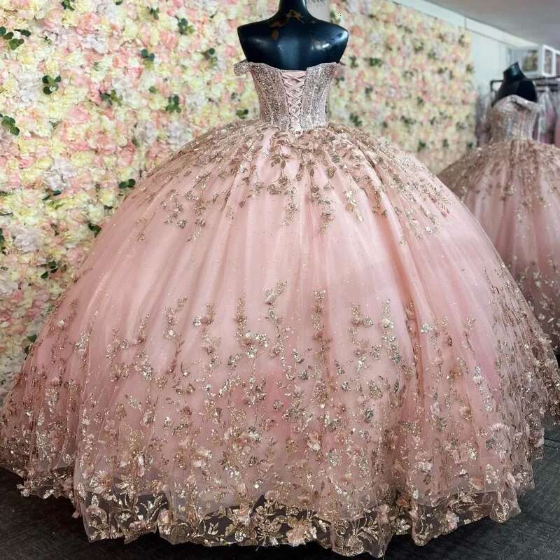 Blush Pink Quinceanera Dresses Gold Wer Applique Sweetheart Off The Shoulder Girls Birthday Party Prom Gowns Princess Dress
