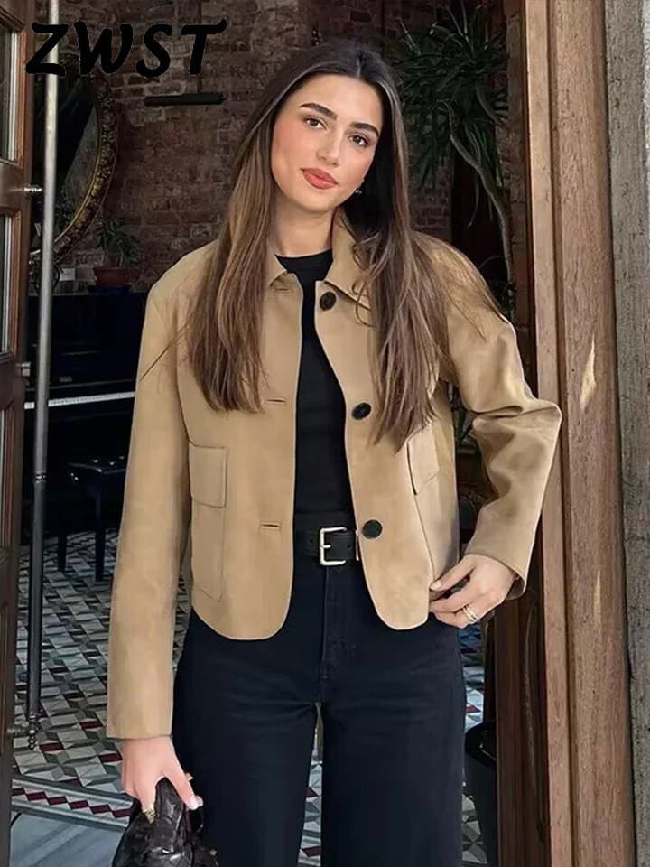 Autumn artificial suede womens jacket fashion lapel single chest short sleeved pocket womens jacket womens jacket 241023