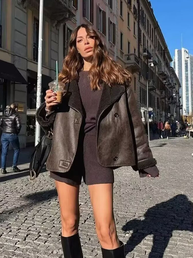 Vintage Suede Women Faux Fur Coat Winter Thick Warm Turndown Collar Outerwear Ladies Casual Slim Long Sleeve Coats Chic