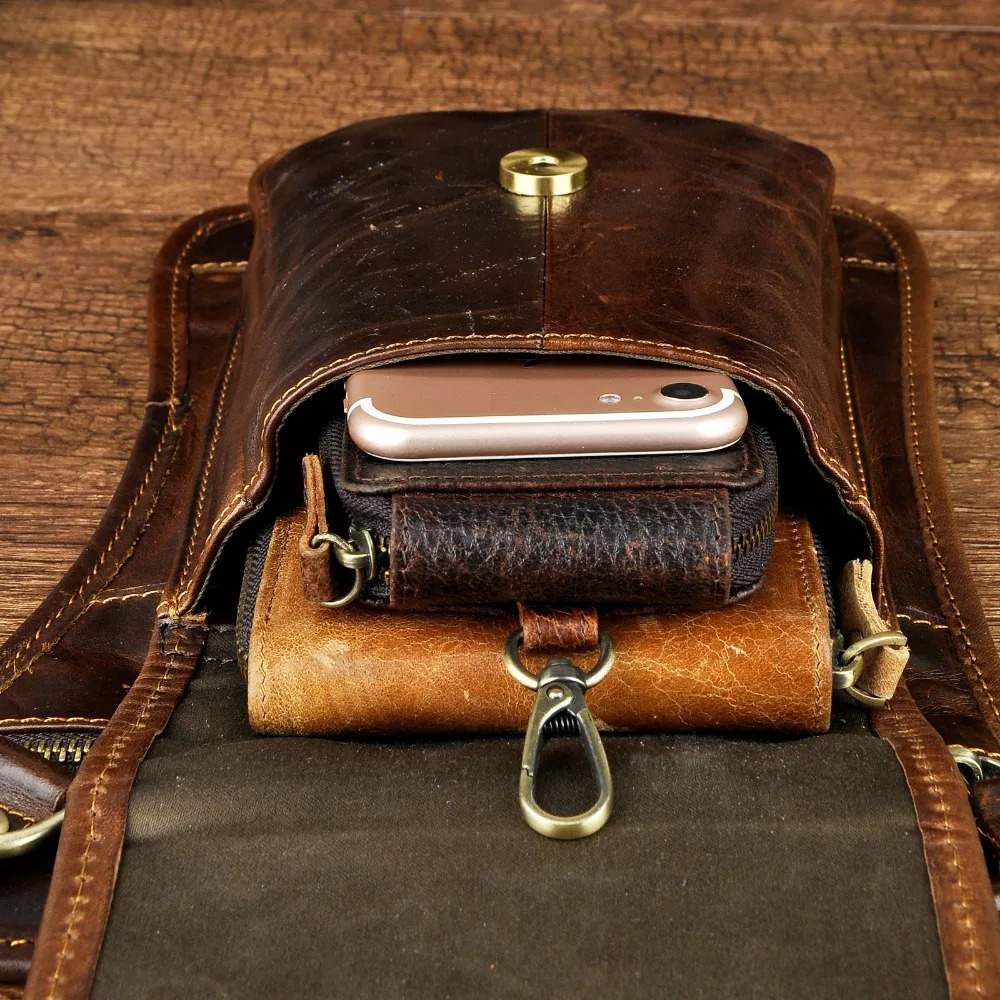 Original leather multifunctional mens travel shoulder cross messenger bag hook waistband bag leg drop phone case bag 2141-c 241023