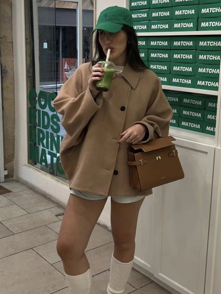 ZBZA Womens Retro Casual Jacket Solid Bat Sleeve Collar Patch Pocket Loose Warm Coarse Floral Coat Autumn/Winter Womens Fashion Coat 241023