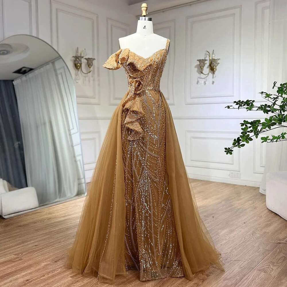 Serene Hill Golden Mermaid Evening Dress With Skirt - Women's Grey Beaded Spaghetti Strap Party 2024