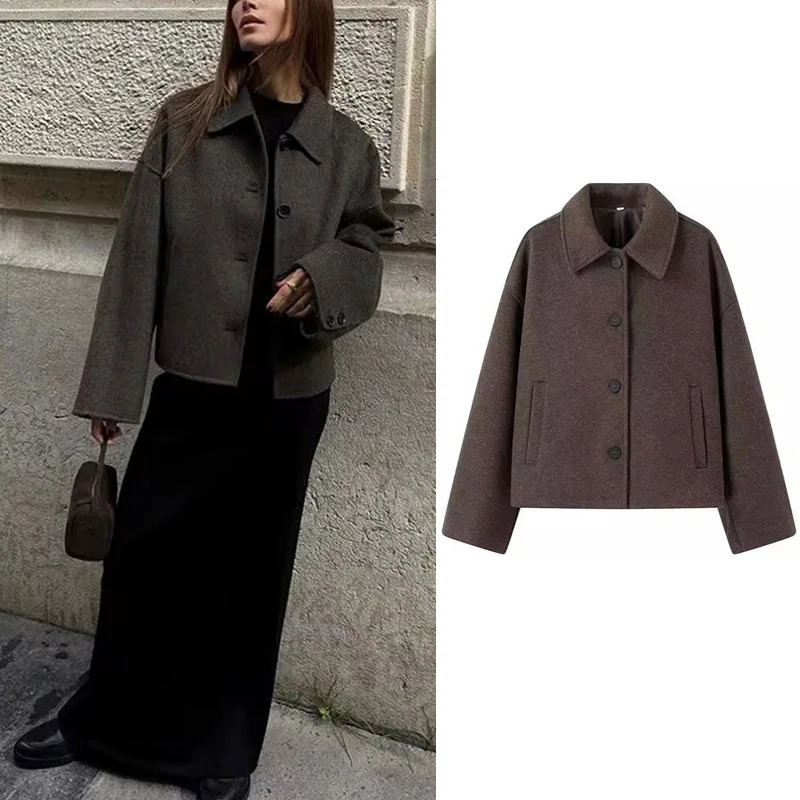 Autumn and winter womens short jacket coarse woolen jacket zipper crop half season jacket womens jacket 241023