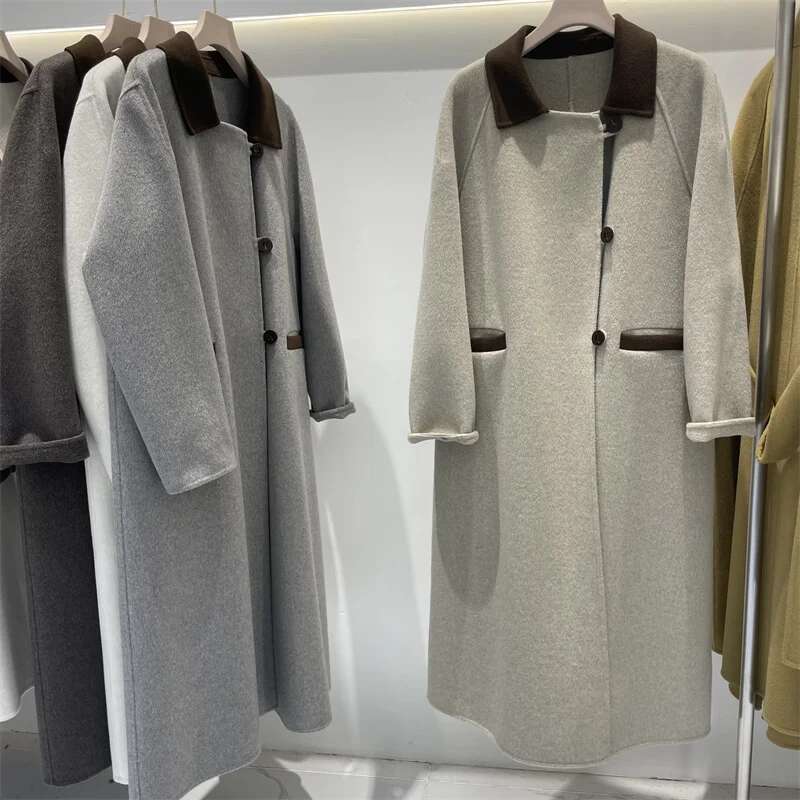 Rose High Quality New Korean Spring Long Double-Sided Cashmere Loose Coat Women Fashion Sheep Wool Jacket