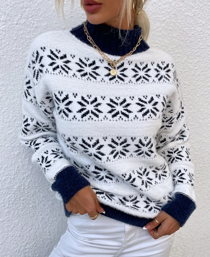 Elegant Knitted Sweater Half High Neck Christmas Snowflake Womens Top 2025 Autumn Winter Spring Fashion Casual 241021
