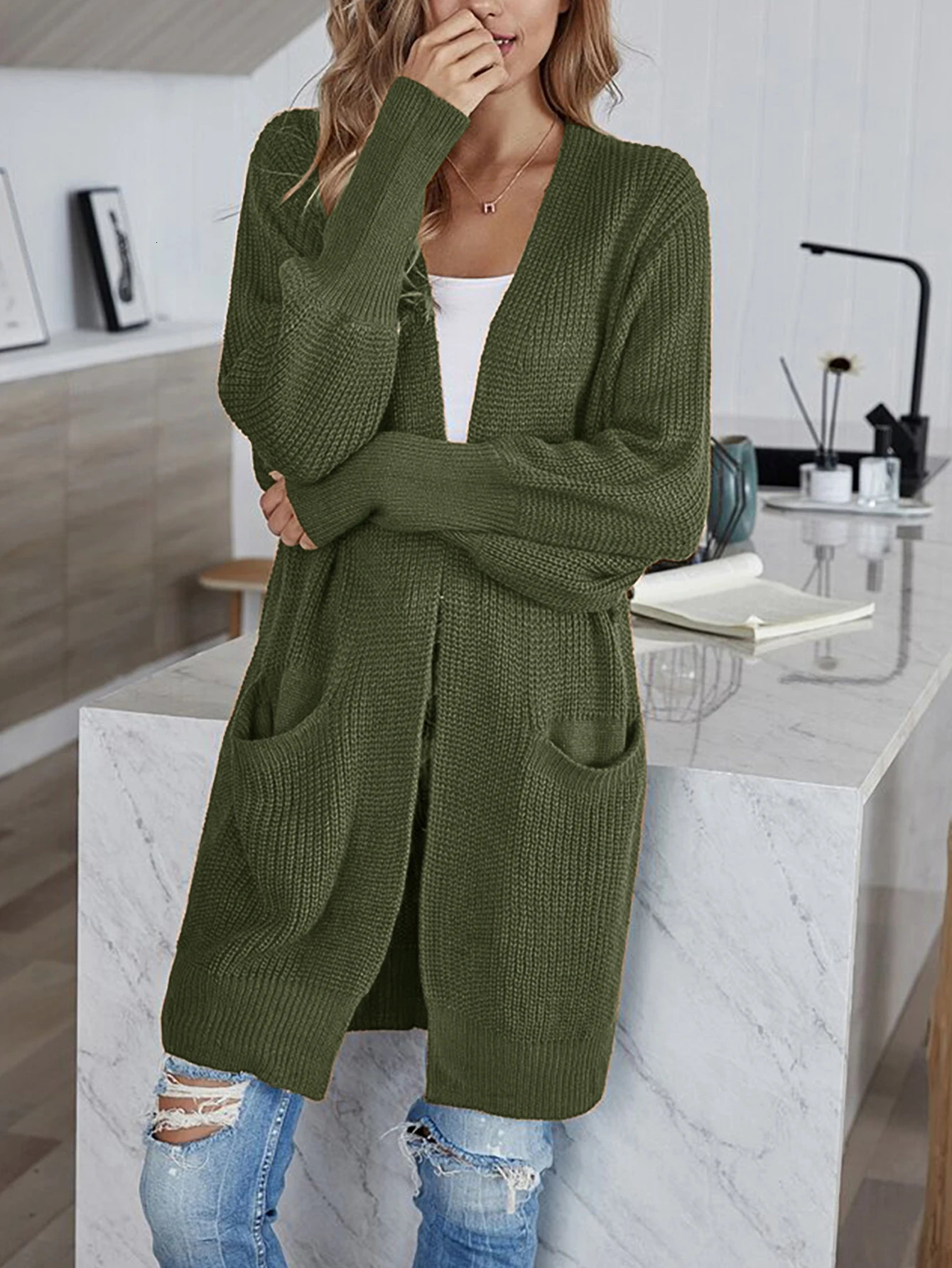 Sweater womens coat wool thread pocket knitted cardigan wool sweater commuting style loose medium length casual jacket 241022