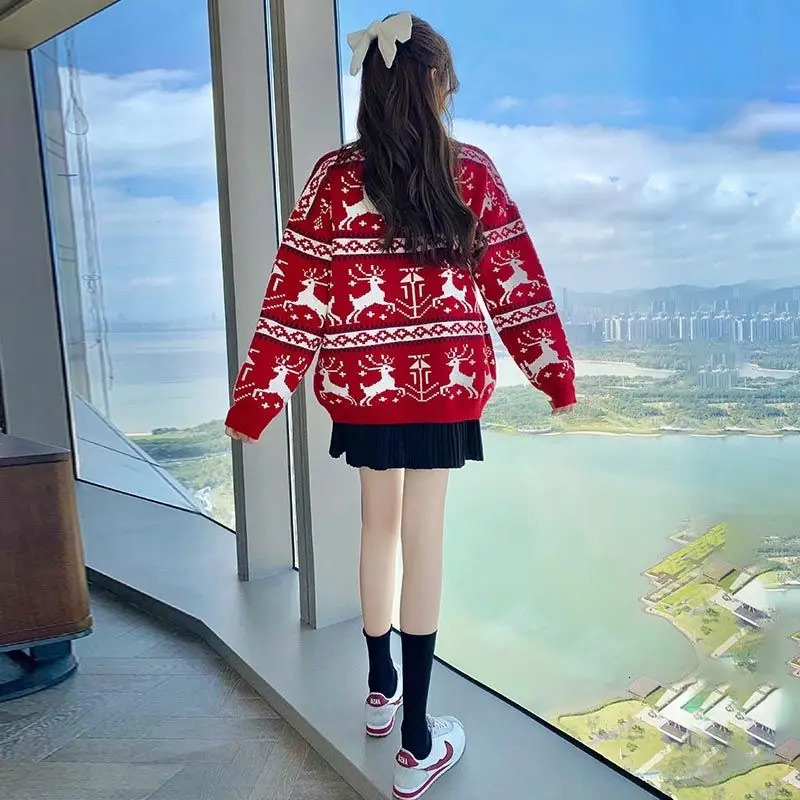 Autumn Winter Loose Oneck Casual Thick Red Christmas Sweaters Womens Vintage Elk Soft Wool Warm Knitted Pullover 241021
