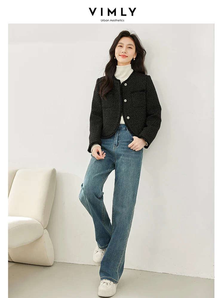 Vimly Black O-neck Tassel Cropped Tweed Jacket Winter Quilted Jacket Womens Single Chest Long Sleeve Womens Coat M3569 241023