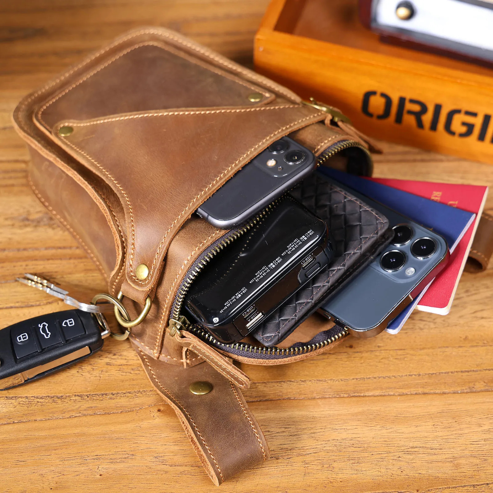 Mens retro leather waist bag casual phone bag laminated cowhide outdoor phone case crazy horsehide 241023