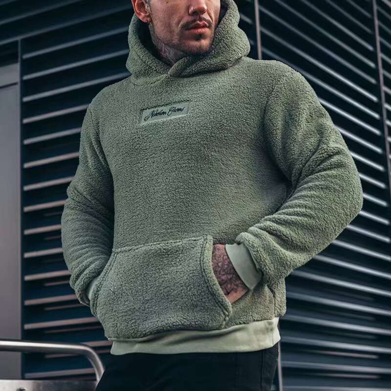 High end O Men neck Plush Hoodies Soft Solid Letter Print Male Casual Basic Flannel Warm Comfort Vintage Clothing For Man Sweatshirts