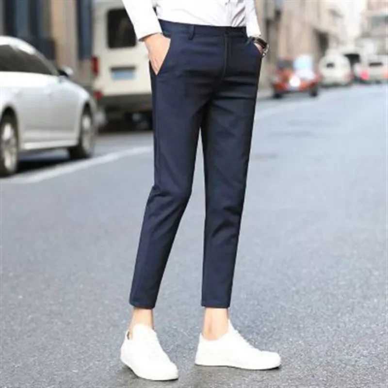 Stretch Slim Fit Social Tailoring Mens Summer PantsElastic 9 Cropped Business Tressed High Quality Slacks Male Suit TrousersX241023