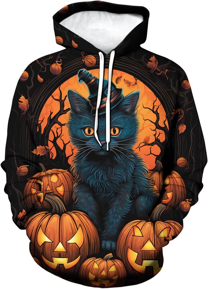 Hoodie for Mens Womens Vintage Halloween Pumpkin Cat 3D Printing Hoodie Retro Halloween Castle Sweatshirts Pullover Graphic Hoodies sweatshirt Trendy 