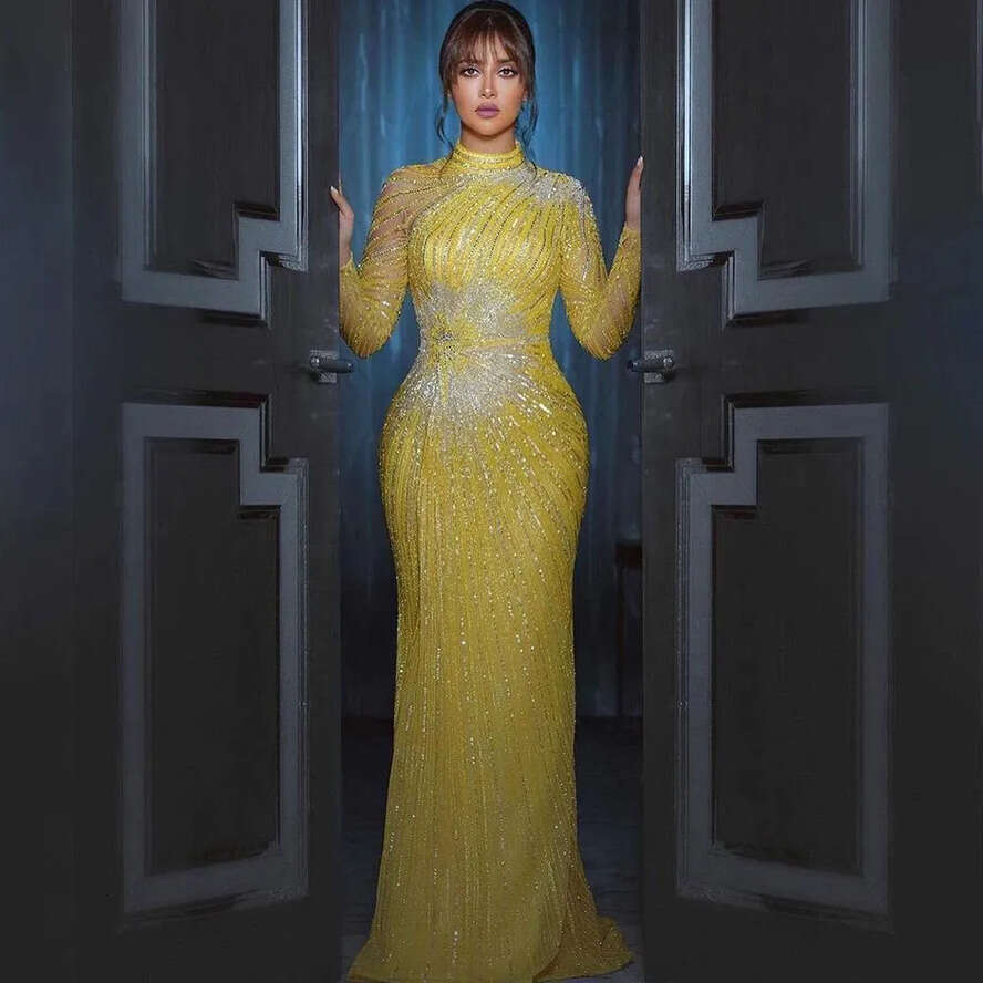 Muslim Elegant Yellow Mermaid Evening Dresses For Women Dubai Long Sleeves Beaded Arabic Formal Party Gowns Bc17007 mal