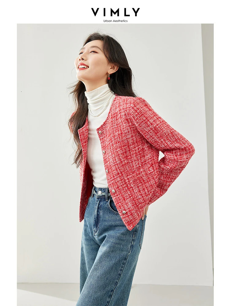 Vimly elegant cut tweed red jacket womens spring coat O-neck single chest long sleeved womens coat M6103 241023
