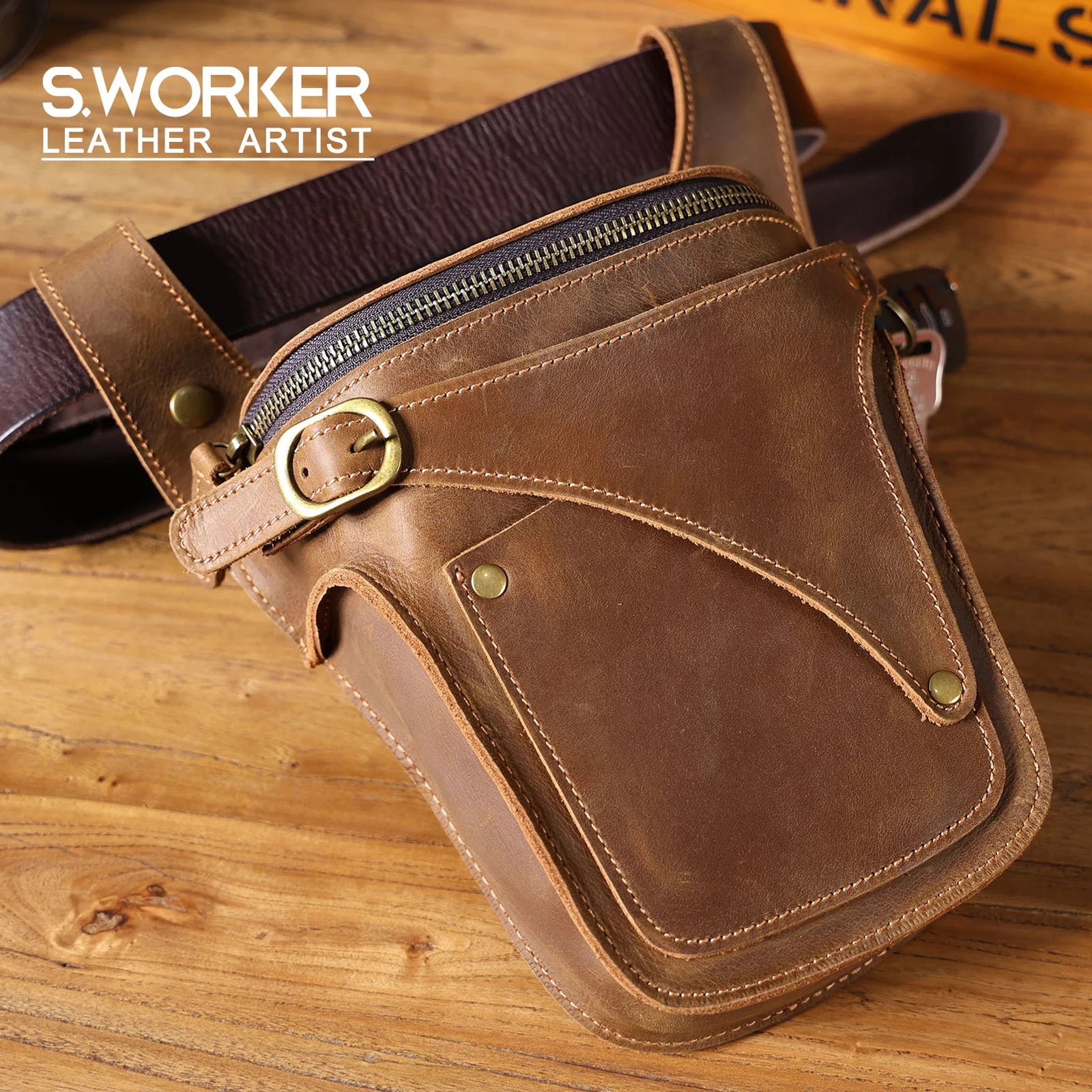 Mens retro leather waist bag casual phone bag laminated cowhide outdoor phone case crazy horsehide 241023